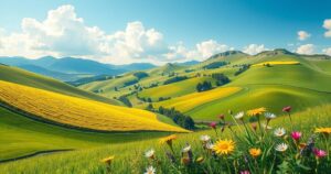 Scenic summer landscape with clear blue skies, rolling hills, and lush greenery, showcasing bright sunshine.