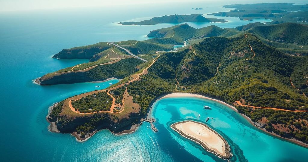 Aerial view of Montebello Islands with vibrant blue ocean, sandy beaches, and lush greenery under bright sunlight.