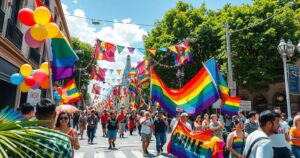 Vibrant street scene during a Pride Parade in Chile, filled with rainbow colors and festive decorations.