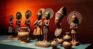 Vibrant depiction of the Nigerian Benin Bronzes with intricate details, set against a radiant sunset hue background.