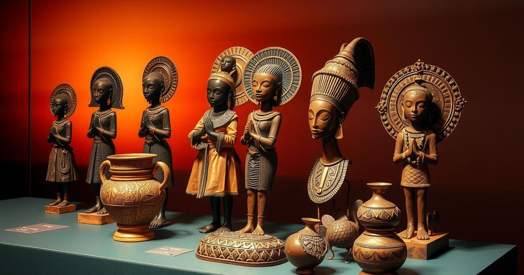 Vibrant depiction of the Nigerian Benin Bronzes with intricate details, set against a radiant sunset hue background.