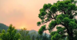 Air quality alert graphic illustrating smoke from wildfires, with a serene landscape showing trees fading into a smoky background.