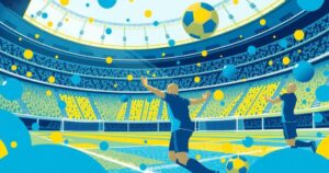 A vibrant soccer stadium scene with blue and yellow colors and abstract shapes symbolizing teamwork and sport.