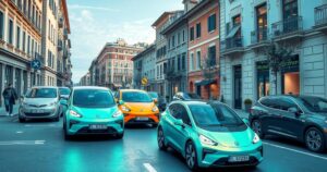 Electric vehicles dominating the European market, showcasing innovation and growth with sleek designs and vibrant colors.