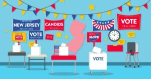 Polls opened for NJ gubernatorial primaries, showcasing election excitement and civic engagement with colorful scenes.