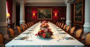 A formal dining setting with elegant tableware and floral centerpieces, symbolizing diplomatic discussions.