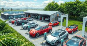 A vibrant electric vehicle production facility with charging stations and green energy sources in Brazil.