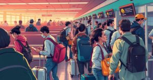 Airports bustling with activity, showcasing people hurrying amidst check-in counters and luggage, reflecting travel tensions.