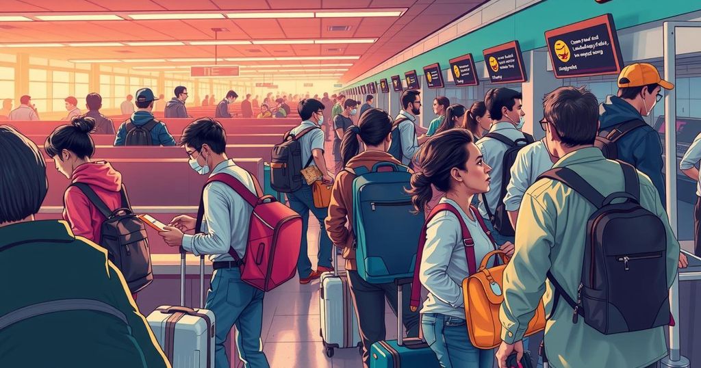 Airports bustling with activity, showcasing people hurrying amidst check-in counters and luggage, reflecting travel tensions.