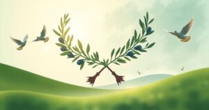 A serene landscape depicting negotiation themes, featuring symbolic elements like doves and olive branches.