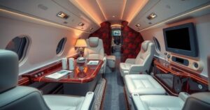 A modern luxury jet in a vibrant color scheme, showcasing high-tech features and security capabilities.