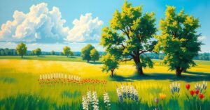 A serene landscape depicting the vibrant summer season in Russia, emphasizing green fields and clear skies.