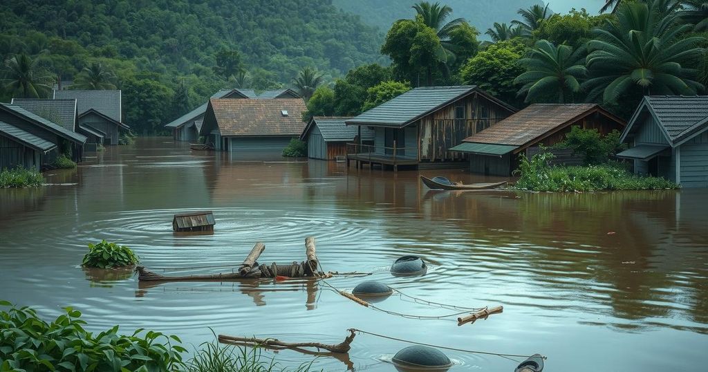 A flooded landscape with submerged rooftops, debris floating, and green vegetation, depicting devastation from natural disaster.