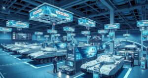 A modern exhibition center showcasing military technology with land, sea, and air displays under bright lights.