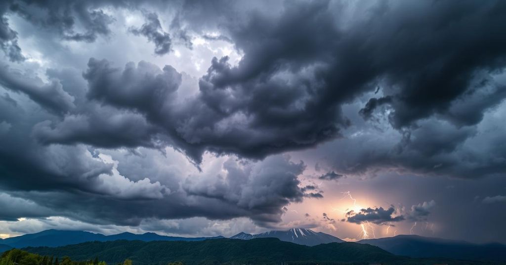 Dark storm clouds gather over a Montana landscape, hinting at impending thunderstorms and rain showers.
