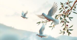 Abstract representation of peace with doves against a backdrop of olive branches and a serene nature scene.