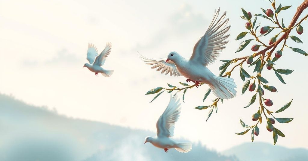 Abstract representation of peace with doves against a backdrop of olive branches and a serene nature scene.