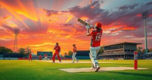 Colorful cricket scene depicting players in action at Wanderers Cricket Ground in Namibia, under a vibrant sunset sky.