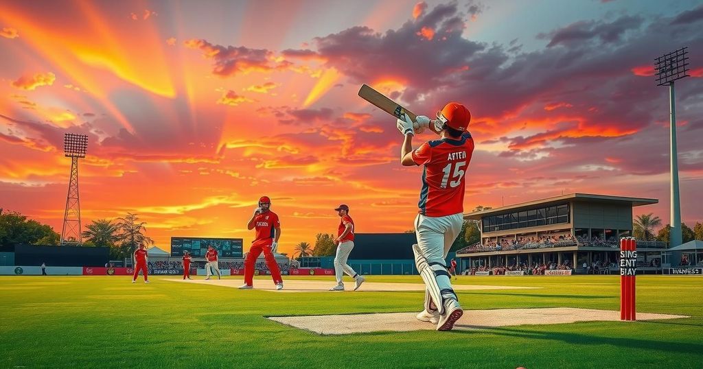 Colorful cricket scene depicting players in action at Wanderers Cricket Ground in Namibia, under a vibrant sunset sky.