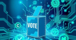 An abstract representation of technology and democracy, showing a ballot box with digital elements around it, in blue and green hues.