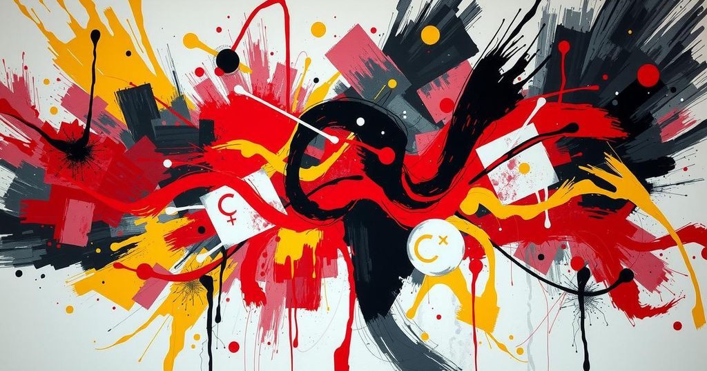 Vibrant abstract representation of geopolitical tension with contrasting dark and light colors symbolizing conflict.