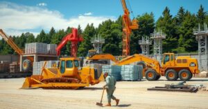 Construction site in Russia's Kursk region with military workers and construction equipment under a clear blue sky.