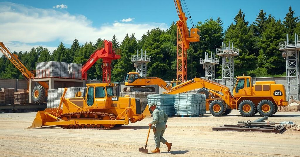 Construction site in Russia's Kursk region with military workers and construction equipment under a clear blue sky.