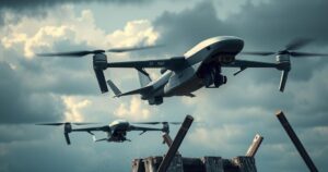 A Ukrainian military drone operation targeting enemy aircraft with a dramatic sky backdrop.