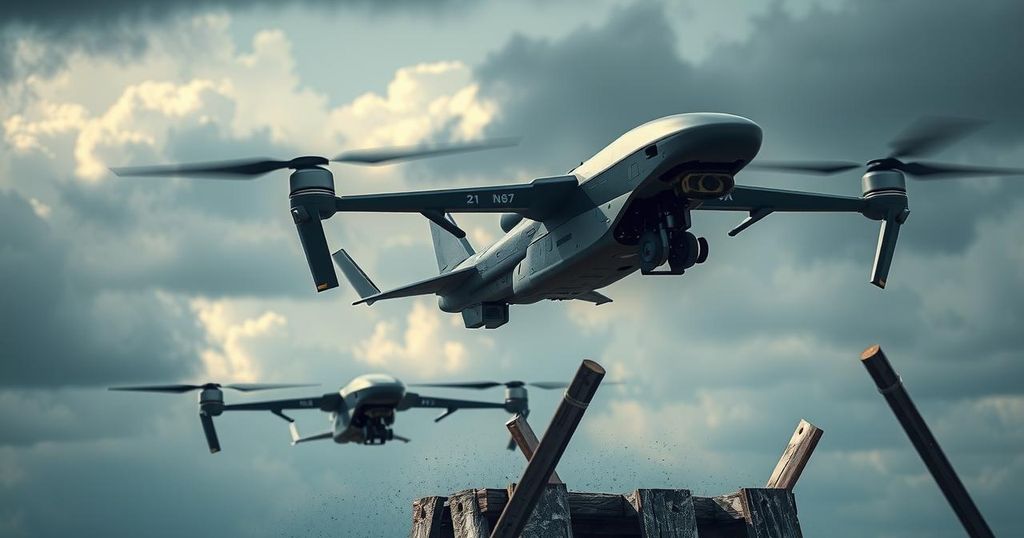 A Ukrainian military drone operation targeting enemy aircraft with a dramatic sky backdrop.