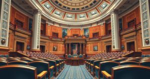 U.S. Senate chamber with empty chairs, symbolizing political debate and war powers resolution discussions.