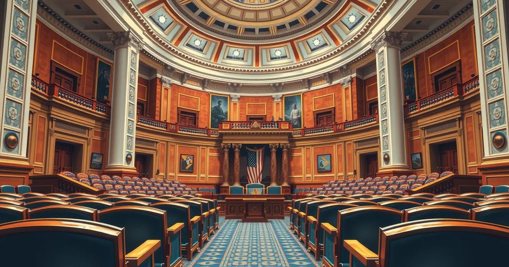 U.S. Senate chamber with empty chairs, symbolizing political debate and war powers resolution discussions.