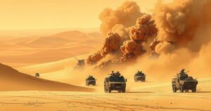 Desert landscape with military vehicles and smoke, symbolizing conflict and armed struggle.