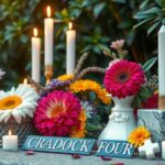 A memorial representing the Cradock Four, surrounded by candles and flowers in remembrance of victims of injustice.