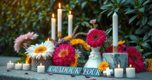 A memorial representing the Cradock Four, surrounded by candles and flowers in remembrance of victims of injustice.