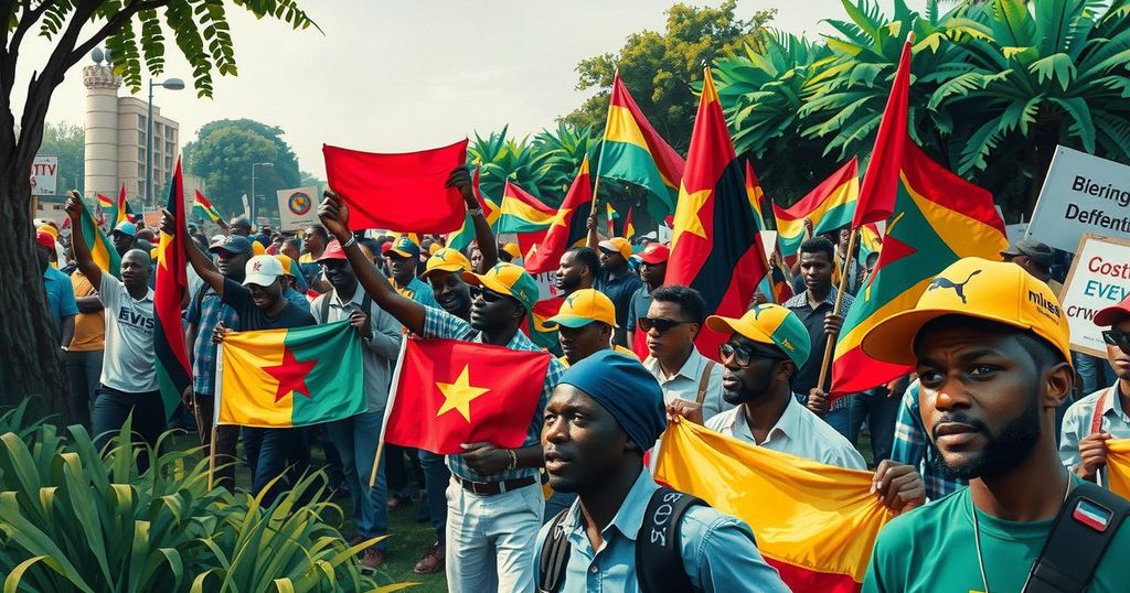 Vibrant protest scene in Nairobi, with colorful banners and passionate expressions against government corruption.