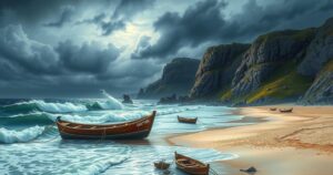 A dark and ominous sky looms over a stormy coastline, with crashing waves and a deserted sandy beach, evoking storm preparation.
