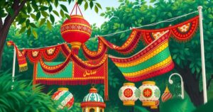 Colorful Eid Al-Adha celebration scene featuring traditional elements and festive decorations in Nigeria.