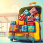 A colorful suitcase filled with wrapped packages against a tropical airport background.