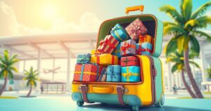 A colorful suitcase filled with wrapped packages against a tropical airport background.