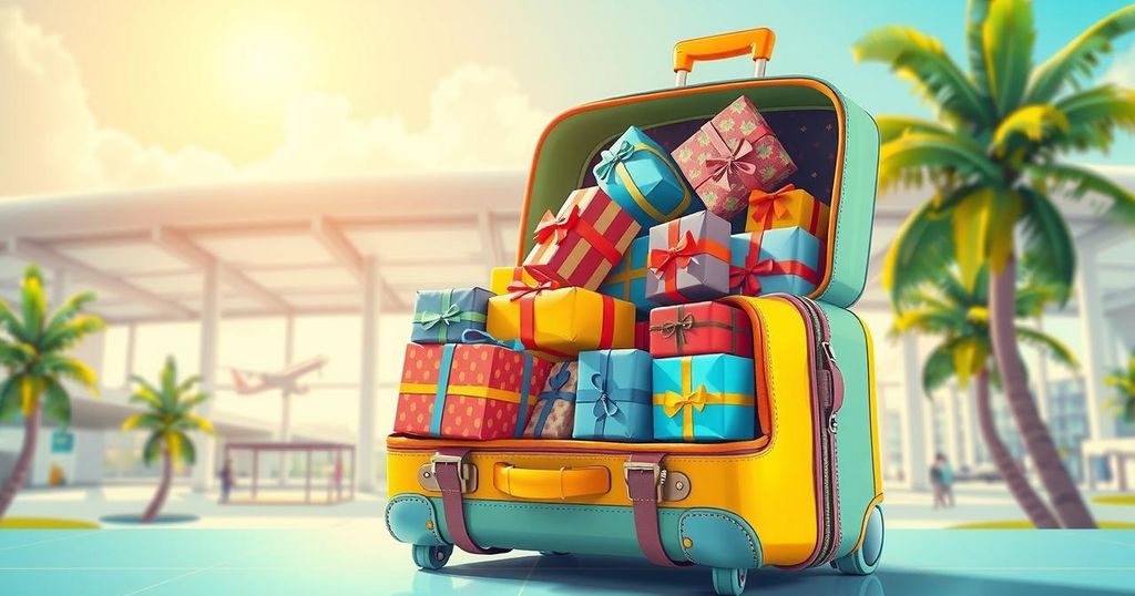 A colorful suitcase filled with wrapped packages against a tropical airport background.