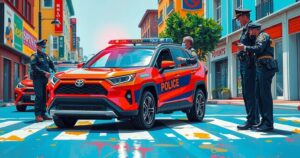 A stolen vehicle being recovered by police officers in a city area with bright colors.