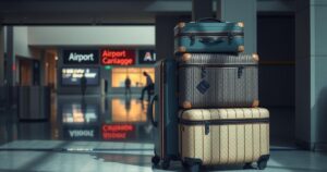 Luggage filled with suitcases in an airport setting, symbolizing a drug smuggling bust.