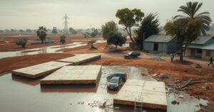 Rescue operations amidst heavy flooding in a South African landscape, showing muddy waters and debris.