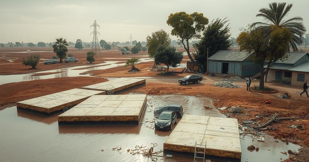 Rescue operations amidst heavy flooding in a South African landscape, showing muddy waters and debris.