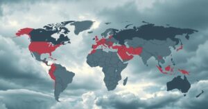A map showing countries affected by travel restrictions, highlighted locations, and a somber tone reflecting tensions.