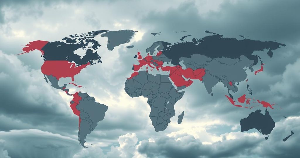 A map showing countries affected by travel restrictions, highlighted locations, and a somber tone reflecting tensions.