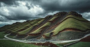 A dramatic landscape showing a landslide in a hilly area with scattered debris amid dark rain clouds.