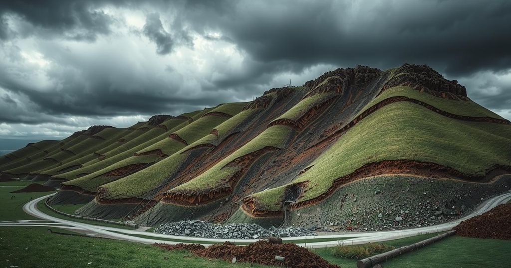 A dramatic landscape showing a landslide in a hilly area with scattered debris amid dark rain clouds.