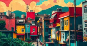 Colorful and vibrant representation of a Colombian cityscape with hints of violence and youth culture