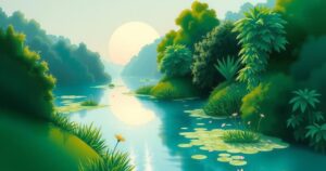 A serene landscape depicting the Mekong Delta's lush greenery, symbolizing healing and resilience in a documentary style.
